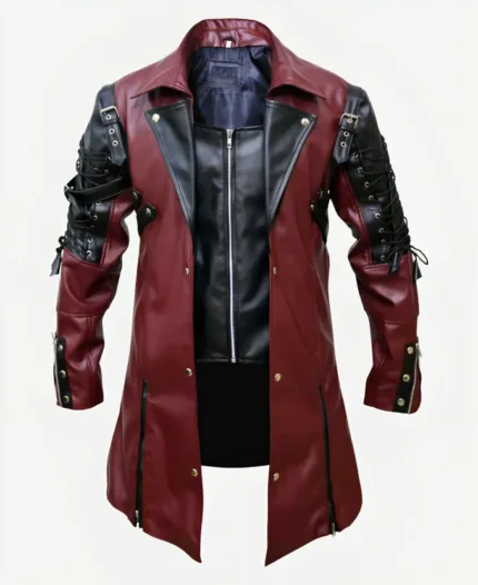 Steampunk Gothic Matrix Leather Trench Coat Maroon front
