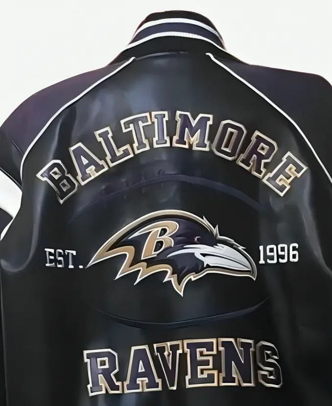 Bartolemo Baltimore Ravens NFL Bomber Leather Jacket Back Closer