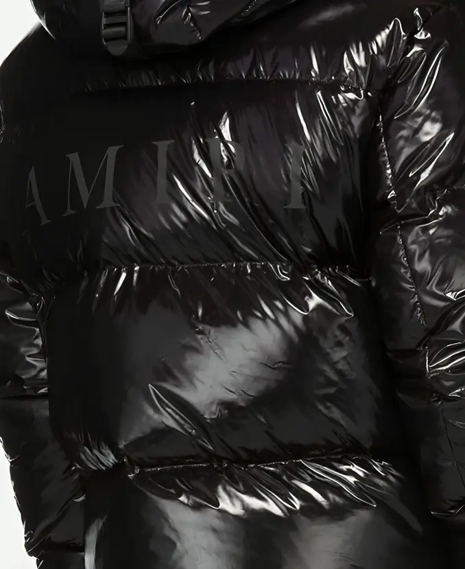 Amiri Shiny Hooded Puffer Black Jacket Back logo Close up