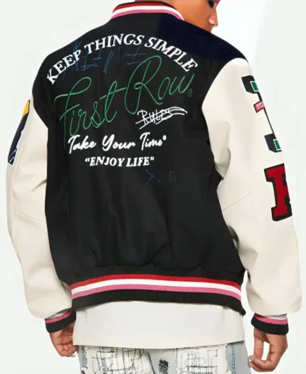 First Row Keep Things Simple Varsity Jacket Back
