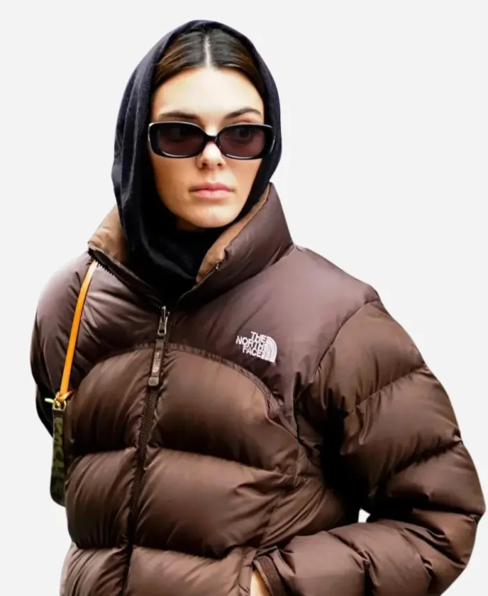 Kendall Jenner Brown North Face Puffer Jacket zoom up image