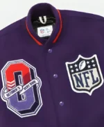 OVO X NFL Super Bowl LVIII Las Vegas Purple Letterman Varsity Jacket Front Close Up Image