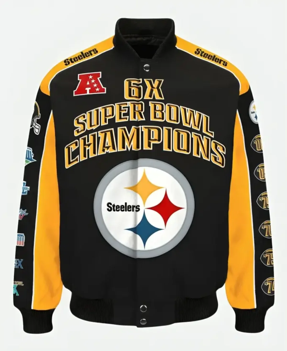 Men's NFL popular Pittsburgh Steelers Super Bowl Black Yellow Satin Bomber Jacket Sz 2XL