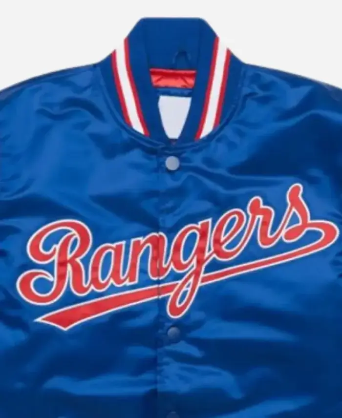 Texas Rangers Classic Royal Satin Jacket Front Closeup