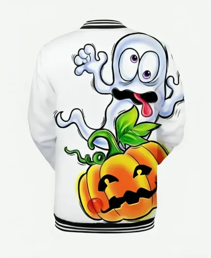 Funny Halloween Pumpkin Print White Cotton Bomber Jacket Back