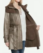 Women's Duster Shearling Belted Brown Color Leather Trench Coat