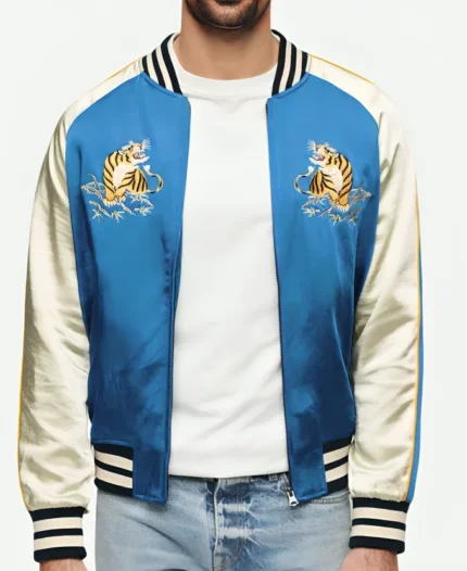 How To Be Single Robin’s Double Tiger Bomber Jacket Front