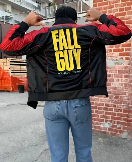 Ryan Gosling The Fall Guy Stunt Team Black and Red Satin Jacket Shoot