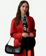 Lily Collins Red Leather Trench Coat