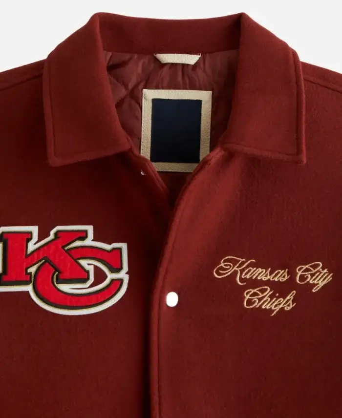 Abercrombie Kansas City Chiefs Varsity Bomber Jacket Maroon Front Detailing