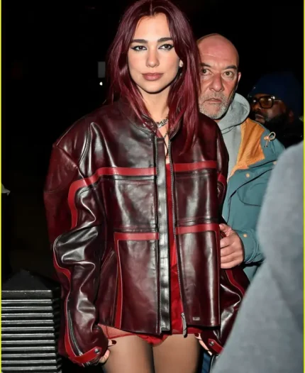 BRIT Awards 2024 After Party Dua Lipa Maroon Leather Jacket