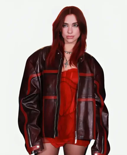 Dua Lipa BRIT Awards 2024 Maroon Leather Jacket