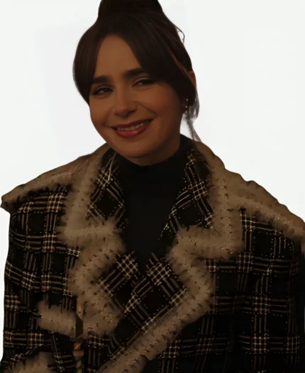 Lily Collins Emily In Paris S04 Emily Cooper Tweed Ruffled Plaid Coat