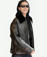 Milan Fashion Week 2024 Amelia Gray Hamlin Black Shearling Aviator Leather Jacket