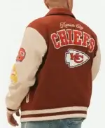 NFL 2024 Abercrombie Kansas City Chiefs Varsity Bomber Jacket with Leather Sleeves Back