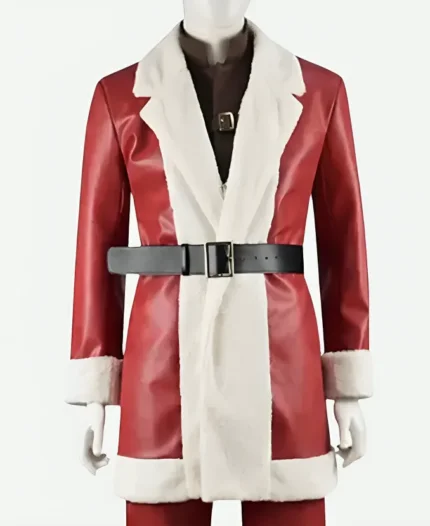 Violent Night Santa Claus David Harbour Red Leather Shearling Jacket
