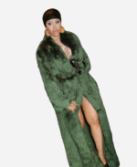 Cardi B Paris Fashion Week Green Fur Trench Coat