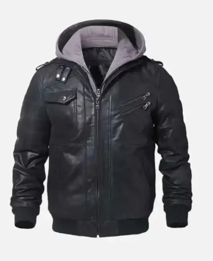 Men’s Black Bomber Leather Jacket with Hood 1