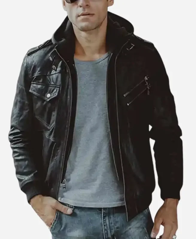 Men’s Black Bomber Leather Jacket with Hood