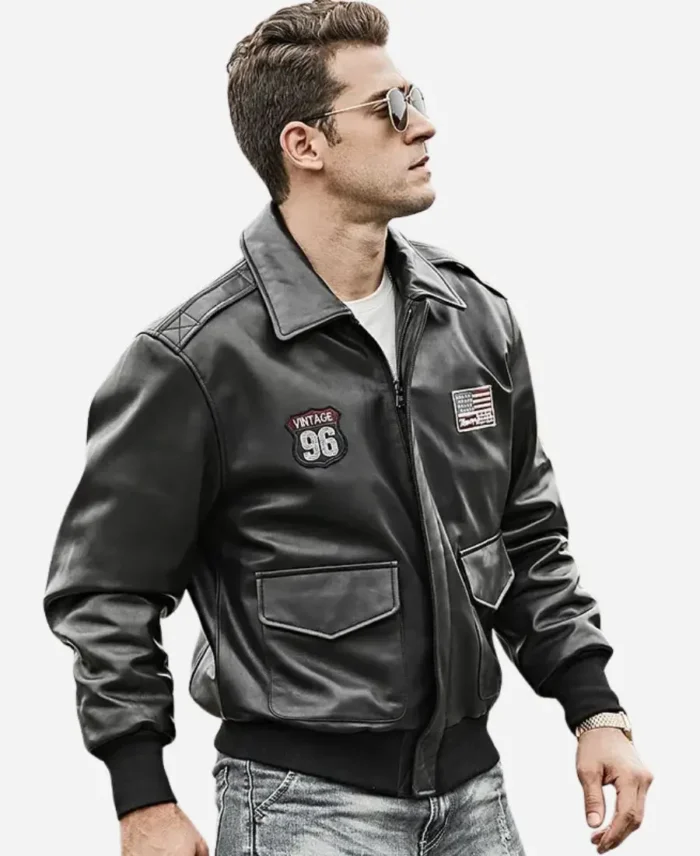 Men’s Black Bomber Leather Jacket – Air Force Pilot Style 4