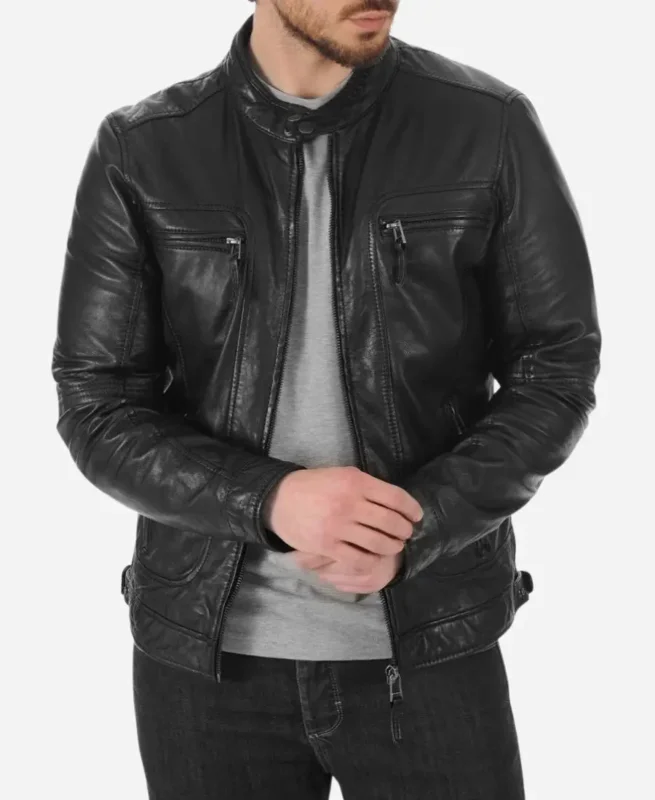 Men’s Black Leather Biker Jacket Front