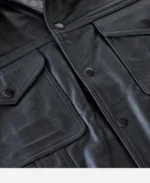 Men's Black Leather Tucker Jacket Closeup