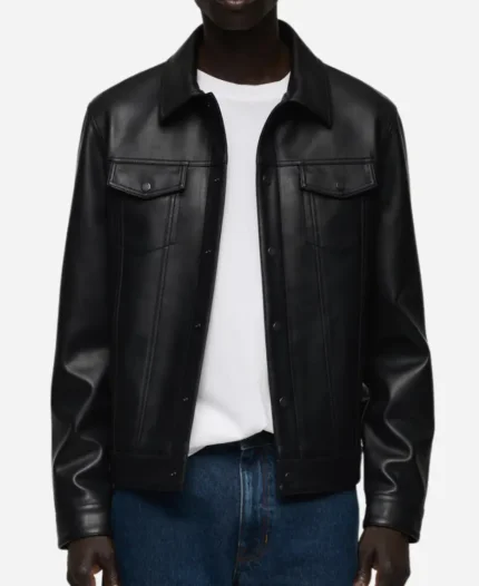 Men's Black Sheepskin Leather Trucker Jacket