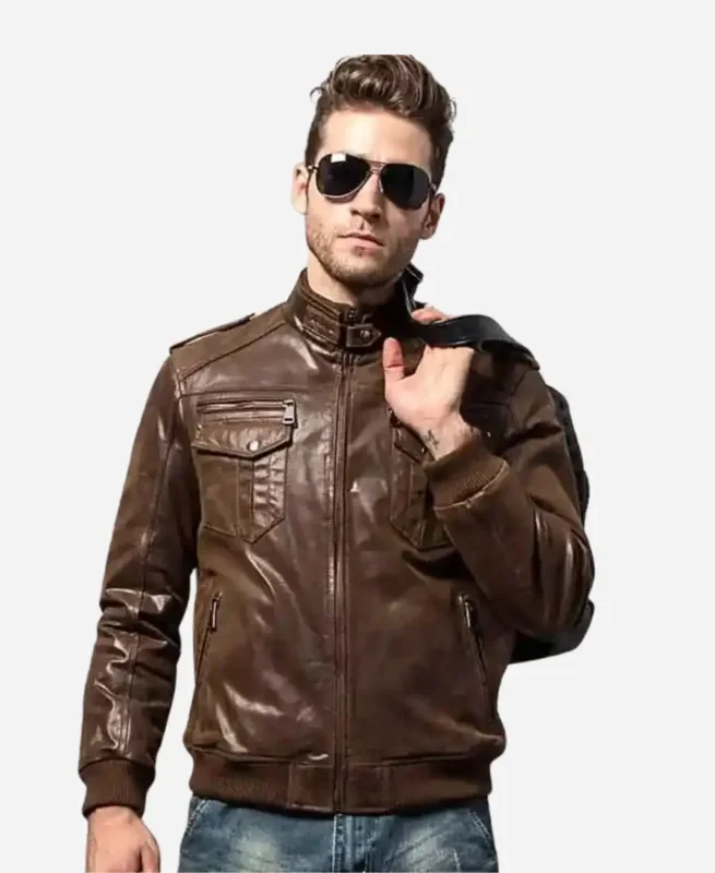 Men’s Brown Bomber Leather Jacket with Rib Collar