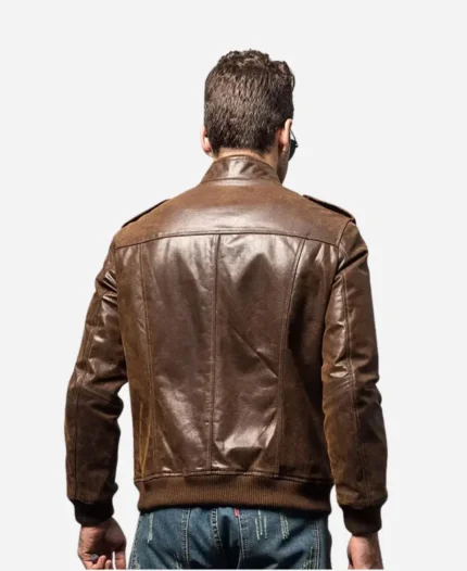 Men’s Brown Bomber Leather Jacket with Rib Collar Back