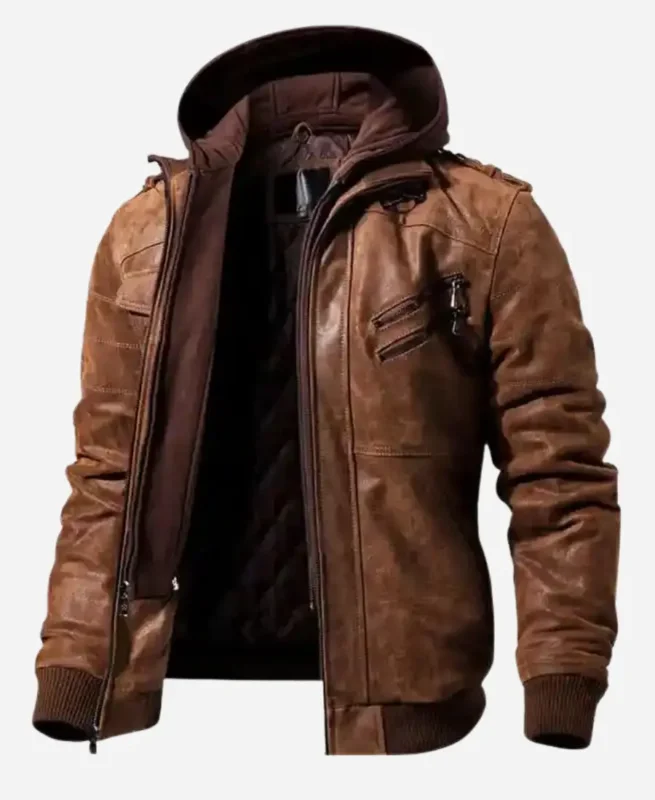 Men’s Brown Motorcycle Bomber Leather Jacket with Removable Hood 2