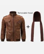 Men’s Brown Motorcycle Bomber Leather Jacket with Removable Hood 3