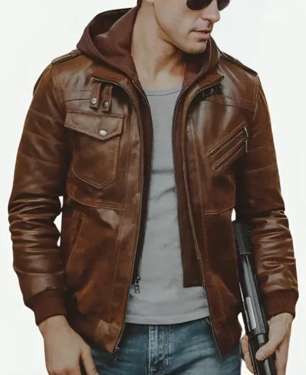 Men’s Motorcycle Brown Bomber Leather Jacket with Removable Hood