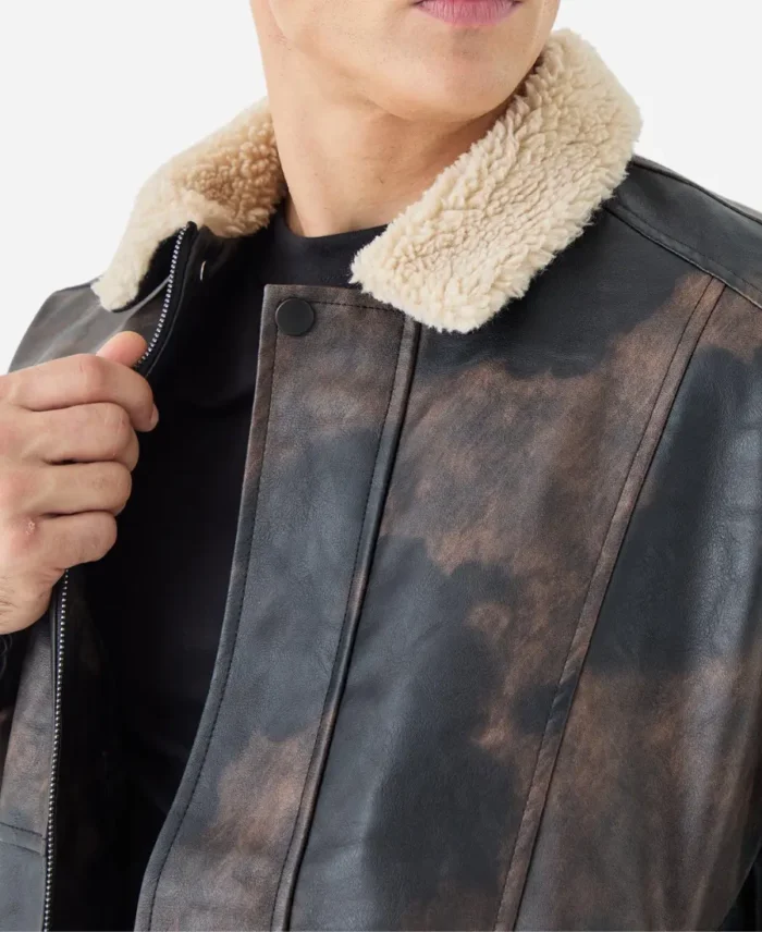 Men's Sheepskin Distressed Brown Fur Collar Jacket Closeup