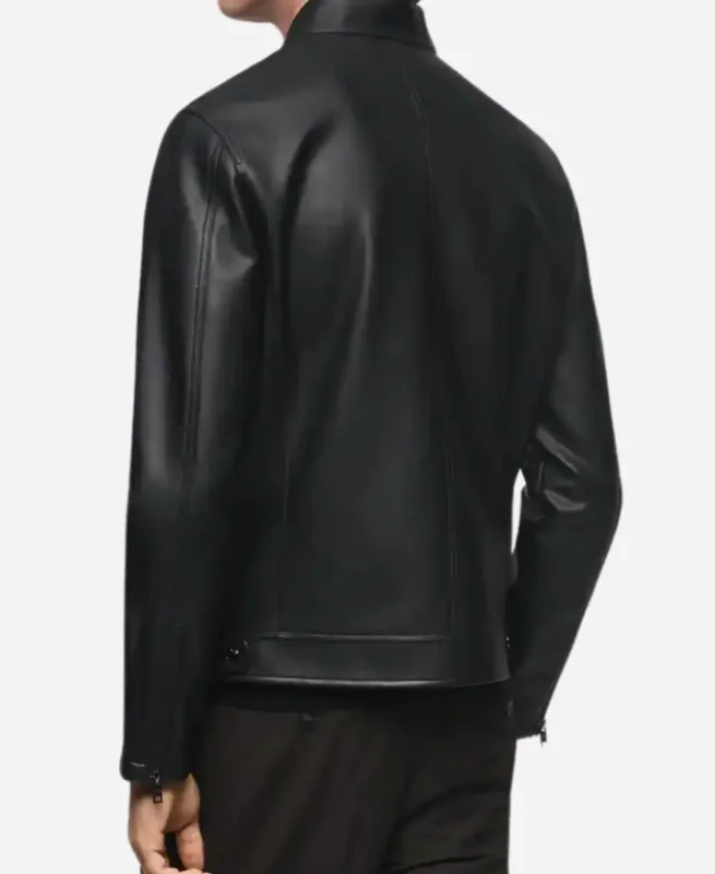 Men's Stylish Black Leather Zip Up Jacket Back