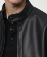 Men's Stylish Black Leather Zip Up Jacket Front