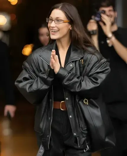 Paris Fashion Week Bella Hadid Black Leather Jacket