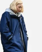 Saoirse Ronan Movie Blitz 2024 Blue Shearling Hooded Jacket