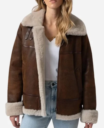 Women B3 Bomber Shearling Brown Sheep Skin Leather Jacket 03