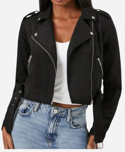 Women's Black Cropped Suede Leather Jacket