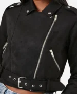 Women's Black Cropped Suede Leather Jacket Front Closeup