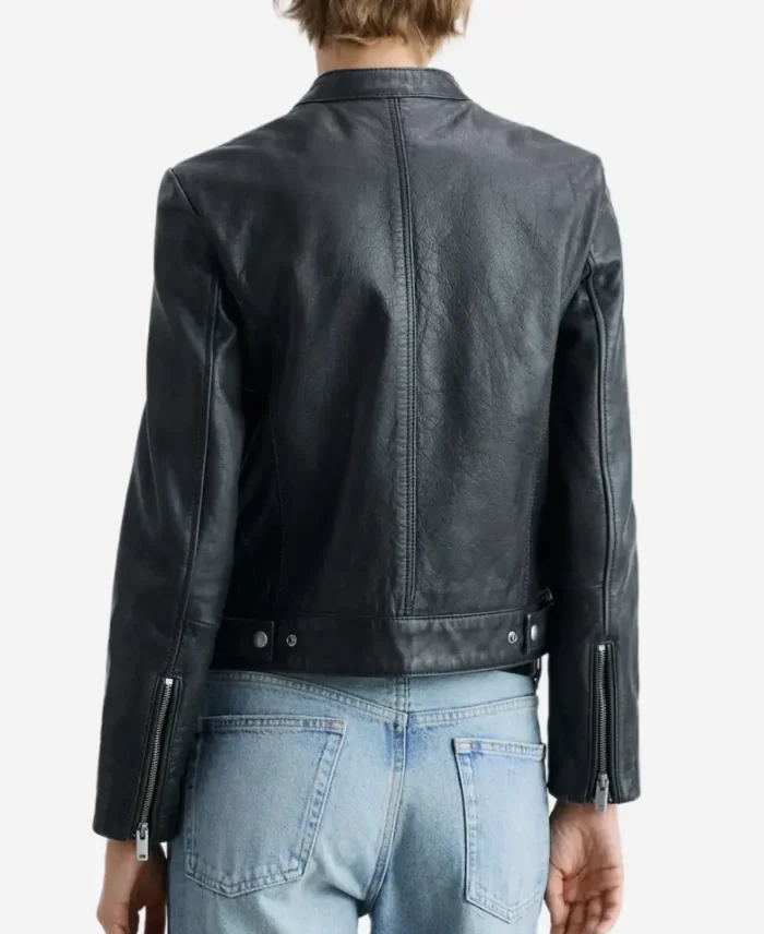 Women's Black Zippered Biker Leather Bomber Jacket For Sale