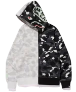 BAPE City Camo Half Shark Full Zip Up Black and White Hoodie For Sale