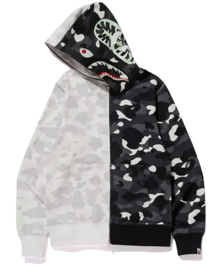 BAPE City Camo Half Shark Full Zip Up Black and White Hoodie For Sale