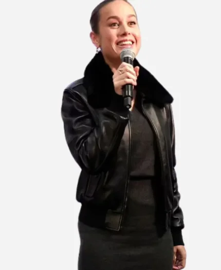 Brie Larson The Marvels Screening Black Leather Bomber Jacket