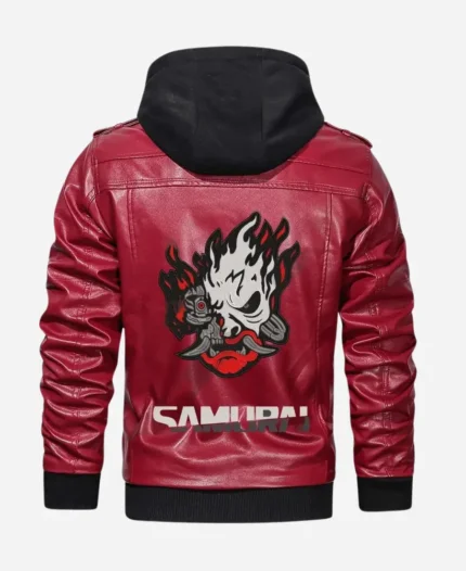 Cyberpunk 2077 Premium Hooded Samurai Gaming Red Leather Jacket For Sale