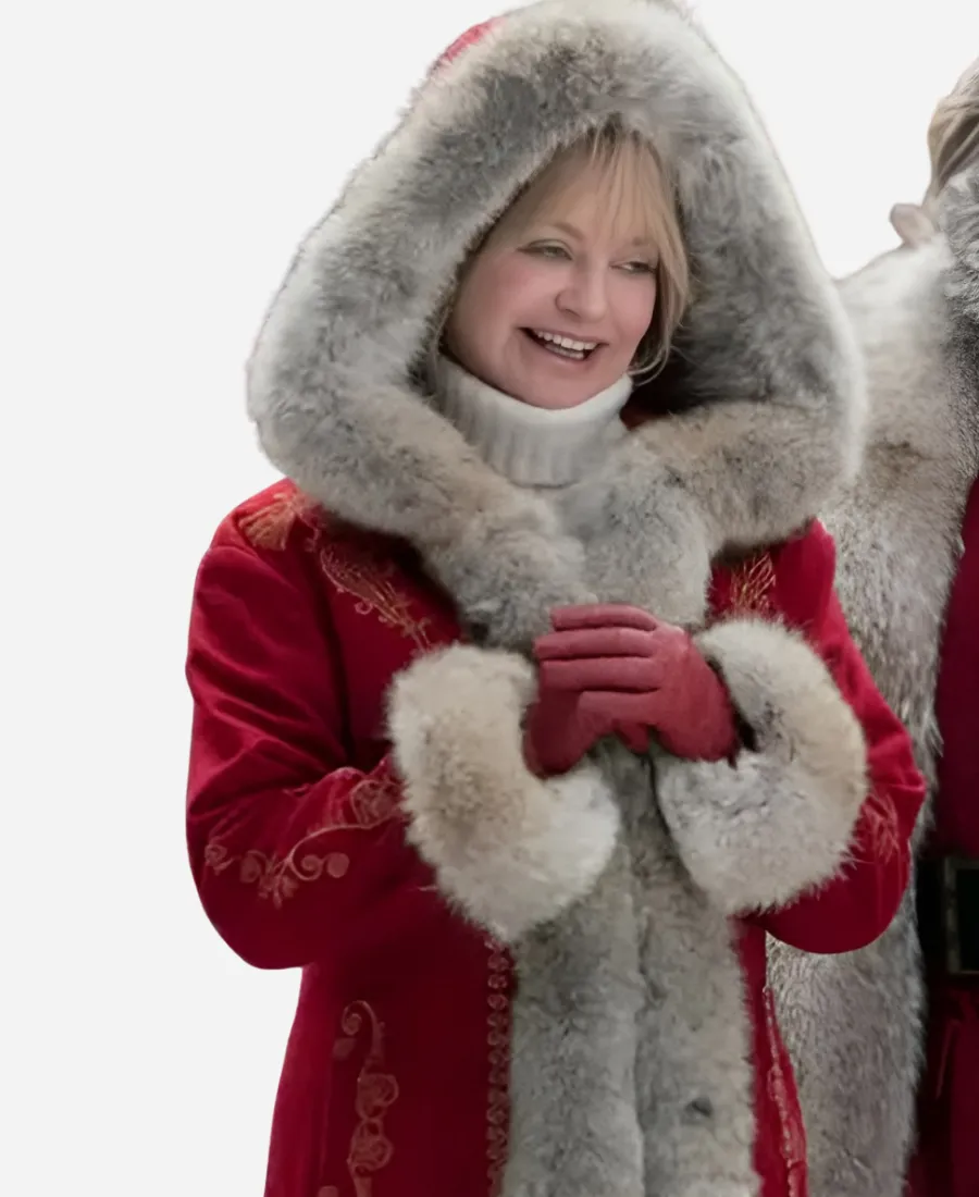 Goldie Hawn The Christmas Chronicles 2 Red Coat Goldie Hawn The Christmas Chronicles Mrs Claus Wool Hooded Fur Coat