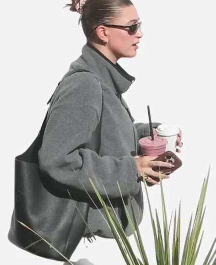 Hailey Bieber MIU MIU Oversized Grey Fleece Sweatshirt For Women 