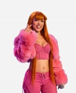 Ice Spice Times Square Surprise Fortnite Concert Pink Fur Hooded Jacket