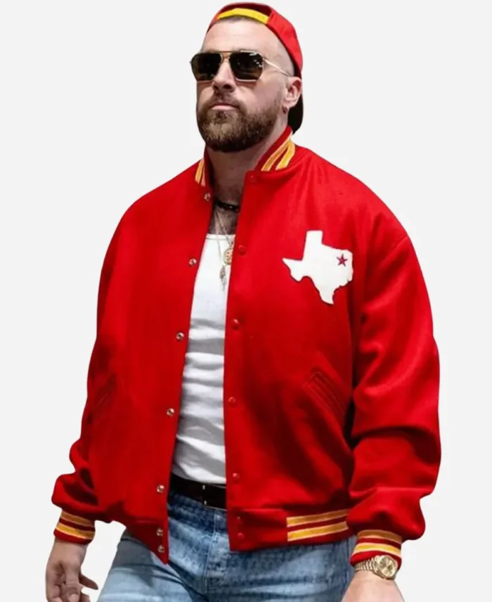 NFL Dallas Texans Travis Kelce Red Varsity Bomber Jacket For Unisex