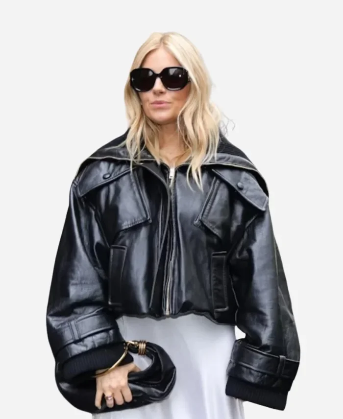 Paris Fashion Week Sienna Miller Black Crop Leather Jacket